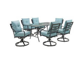 Lavallette 7-Piece Dining Set in Ocean Blue with 6 Swivel Rockers and a 66" x 38" Glass-Top Table