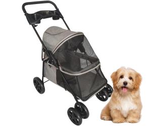 Single 4 Wheel Pet Stroller with Storage Basket in Grey