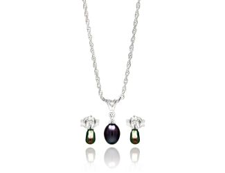 PARIKHS Small Fresh Water Black Pearl Necklace-Dangling Earring Set in 925 Sterling Silver