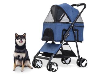 Single 4 Wheel Pet Stroller for Pets 33 Lbs. and Under with Storage Basket, Blue