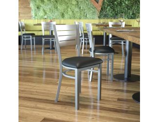 Silver Slat Back Metal Restaurant Chair - Black Vinyl Seat