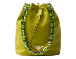 Prada Re-Nylon Felce Green Drawstring Bucket Bag Embellished Crystal Handle