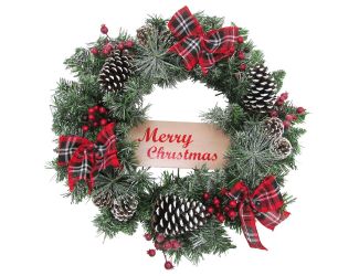24-in. Christmas Frosted Wreath with Pinecones, Berries and Plaid Bows