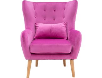 Faux Velvet Wingback Accent Chair with Lumbar Pillow and Wooden Legs, Pink
