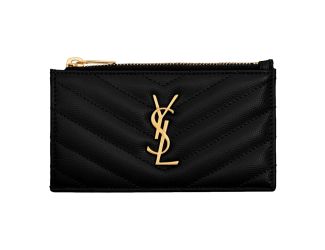 Saint Laurent Cassandre Matelasse Fragments Grain de Poudre Black Leather Zipper Card Holder