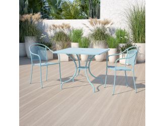35.5" SQ Sky Blue Indoor-Outdoor Steel Patio Table-Umbrella Hole-Restaurant