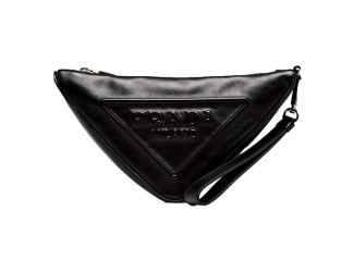 Prada Grace Triangle Leather Pouch Clutch Bag with Embossed Logo Nero Black