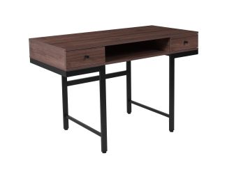 Dark Ash Wood Grain Finish Computer Desk with Drawers and Black Metal Legs