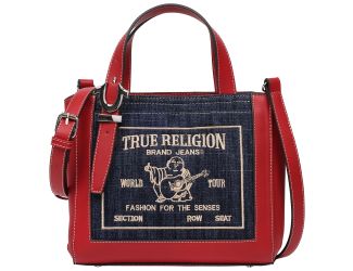 Bold heritage meets modern versatility with the True Religion Arvin Buddha Motif Crossbody Tote. This structured tote pairs rich red trim with classic indigo denim and features the iconic embroidered Buddha World Tour" graphic. Compact yet functional, the