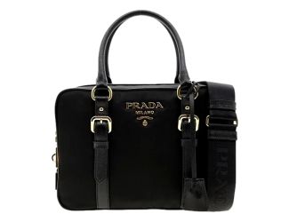 Prada Bauletto Tessuto Nylon Saffiano Black Satchel Bag Gold Lock