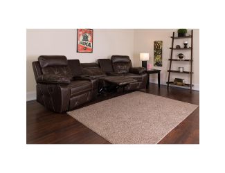 3-Seat Reclining Brown LeatherSoft Theater Seating Unit with Curved Cup Holders
