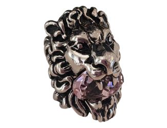 Gucci Lion Head Motif Silver Ring Light Pink Crystal Size 10