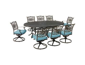 Traditions 9-Piece Dining Set in Blue with 8 Swivel Rockers and 95-in. x 60-in. Oval Cast-Top Dining