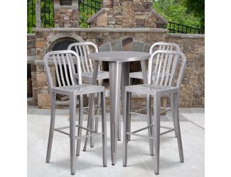 24" Round Silver Metal Indoor-Outdoor Bar Table Set with 4 Slat Back Stools