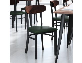 Commercial Metal Dining Chair with Vinyl Seat - Wood Boomerang Back-Green/Walnut
