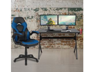 Black/Blue Gaming Desk Bundle - Cup/Headphone Holders, Wire Management