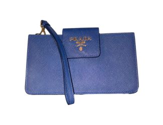 Prada Saffiano Leather Blue Wristlet Clutch Wallet
