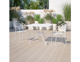 35.5" Square White Indoor-Outdoor Steel Patio Table-Umbrella Hole-Restaurant