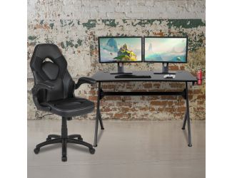 Black/Black Gaming Desk Bundle - Cup/Headphone Holders, Wire Management