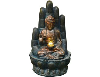21-In. Sitting Lotus Buddha Hand of Protection Water Fountain Statue with LED Lights for Indoor Home