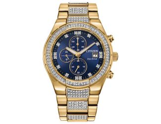 Men's Crystal Eco-Drive Watch, Gold-tone with Blue Dial