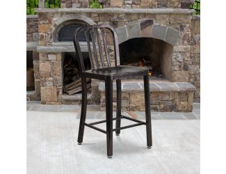 24" High Black-Gold Metal Indoor-Outdoor Counter Height Stool with Slat Back