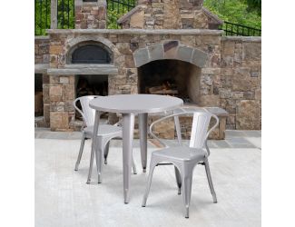 30" Round Silver Metal Indoor-Outdoor Table Set with 2 Arm Chairs