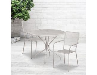 35.25" Round Lt Gray Indoor-Outdoor Steel Patio Table Set w/2 Square Back Chairs