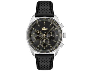 Lacoste Boston Gents. Stainless Steel Case, Black Aluminum bezel. Black Leather Strap. Black Dial