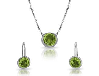 PARIKHS Rhodium Plated CZ and Peridot Round August Birthstone Set in 925 Sterling Silver
