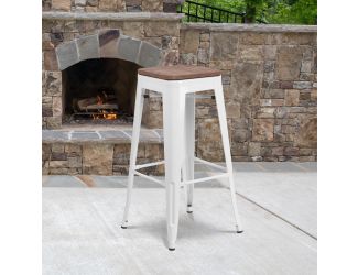 30" High Backless White Metal Barstool with Square Wood Seat - Kitchen Furniture