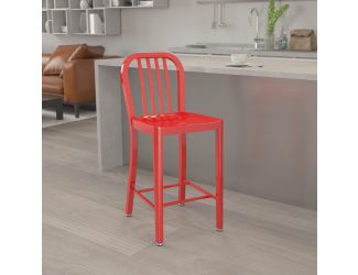 24" High Red Metal Indoor-Outdoor Counter Height Stool with Vertical Slat Back
