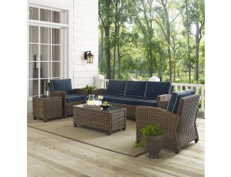 Bradenton 5-Piece Outdoor Wicker Sofa Conversation Set With Navy Cushions
