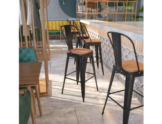 30" High Black-Antique Gold Metal Barstool with Back and Wood Seat - Kitchen