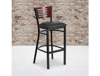 Black Slat Back Metal Restaurant Barstool - Mahogany Wood Back, Black Vinyl Seat