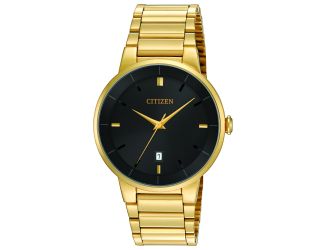 Mens Quartz Gold-Tone Watch Black Dial