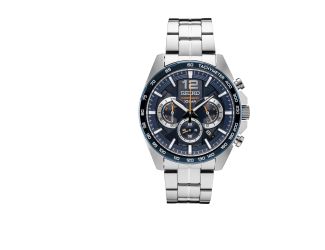 Mens Chronograph Silver Case with Blue Dial with Orange Accents