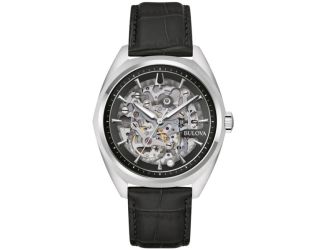 Men's Surveyor Automatic Black Leather Strap Watch Silver Skeleton Dial