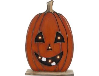 18-In. Tall Pumpkin Battery-Operated Wooden Centerpiece with Lights and Timer for Halloween Tabletop