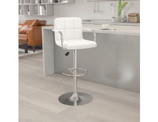 White Quilted Vinyl Adjustable Height Barstool with Arms and Chrome Base