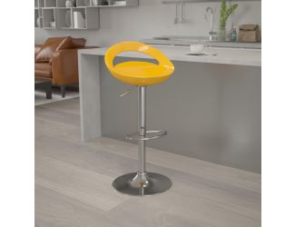 Yellow Plastic Adjustable Height Barstool w/ Rounded Cutout Back & Chrome Base