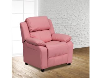 Deluxe Padded Contemporary Pink Vinyl Kids Recliner with Storage Arms