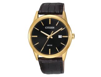 Mens Quartz Gold-Tone & Brown Leather Strap Black Dial