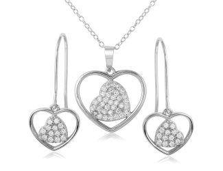 PARIKHS Rhodium Plated Double Heart CZ Necklace-Earring Set in 925 Sterling Silver