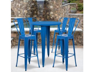 30" Round Blue Metal Indoor-Outdoor Bar Table Set with 4 Cafe Stools