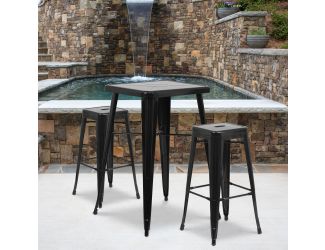 23.75" Square Black Metal Bar Table Set with 2 Square Seat Backless Stools