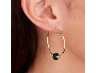 Our Prola Collection, large gold hoops with a single genuine black Onyx bead. 1-3/8" Diameter