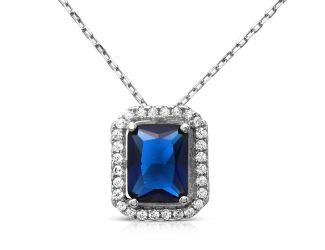 PARIKHS Rhodium Plated Blue Square Halo Pendant with chain in 925 Sterling Silver