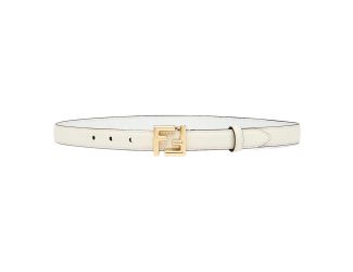 Fendi FF Logo Gold Tone Buckle White Leather Skinny Belt 80