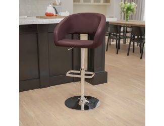 Brown Vinyl Adjustable Height Barstool with Rounded Mid-Back and Chrome Base